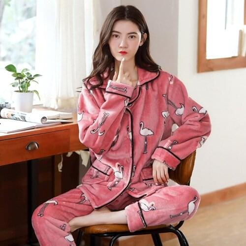 Winter Sleepwear Women Coral Fleece Pajamas Women Homewear Autumn Casual PajamasTurn-down Collar 2 Piece Set Warm Pijamas