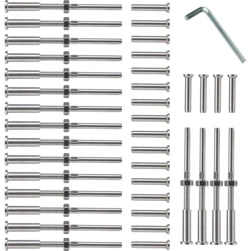20 Pairs Stainless Steel 316 Grade Cable Railing Threaded Stud Tensioner Receiver & Flat Head Stemball Terminal for 1/8 Cable