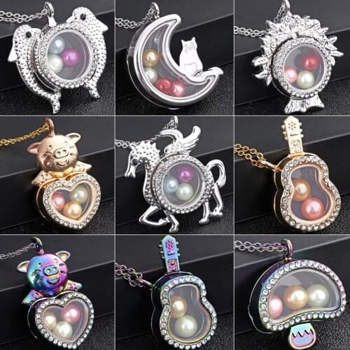 4colors Glass Lockets Necklace Rhinestone Magnetic Living Memory Photo Floating Pendant 50cm Steel Chain Necklace