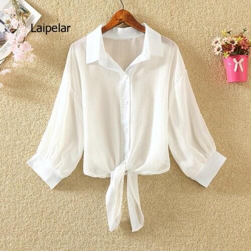 White Chiffon Blouse Women Half Sleeve 2021 Summer Transparent Thin Shirts Office olid Workwear Plus Size Tops
