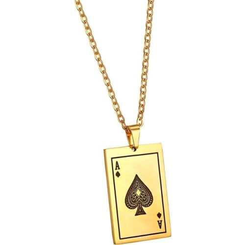 BONISKISS Men Playing Cards Spades A Pendant Gold Stainless Steel Necklaces Poker Pendant Male Fortune Jewelry Punk Gift