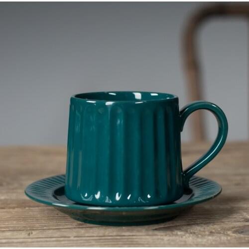 Simple Art Retro Roman Embossed Ceramic Coffee Cup and Saucer Japanese Stoneware White Pattern Hanging Ear Pull Flower Latte Cup