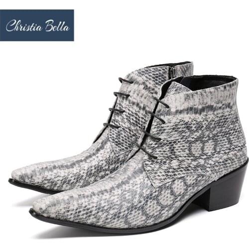 Christia Bella Winter Snake Skin Men Shoes Genuine Leather Boots Fashion Pointed Toe Boots Large Size Ankle Lace up Boots