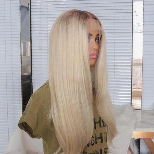Long Straight 613 Ombre Light Blonde With Brown Roots Synthetic T Part Lace Wigs Natural Hair Heat Resistant Fiber For Women