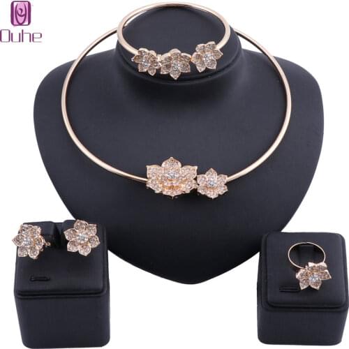 Women Dubai Gold Gold Color Crystal Jewelry Sets Costume Design Brand Nigerian Wedding Necklace Earring Bangle Ring Jewelry Set