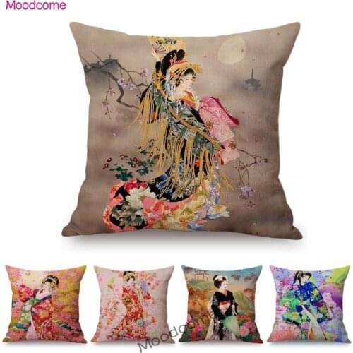 Beautiful Pretty Japanese Geisha Cartoon Traditional kimono Girl Floral Cotton Linen Sofa Pillow Case Home Decor Cushion Cover