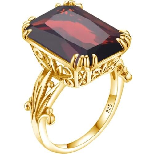 14K Gold Jewelry Red Garnet Ring Square Gemstone Sterling Silver Rings For Women Classic Finger Ring Wedding JeweLlry Bague