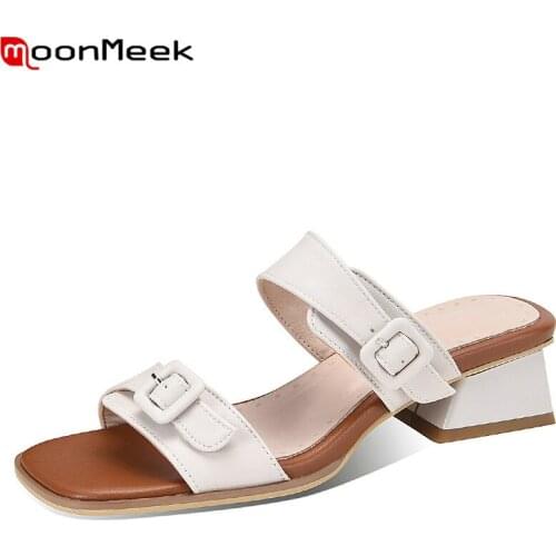 MoonMeek 2021 Big Size 33-43 Women Slippers Low Heel Square Toe Ladies Mules Shoes Summer Fashion Buckle Casual Shoes