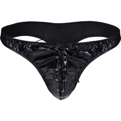 Mens Lingerie Thong Underwear Patent Leather Erotic Hot Sexy G-String Panties Lace-up Front Briefs Bikini Underwear Underpants