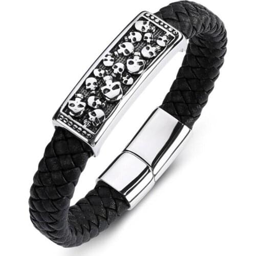 Mens Gothic Style Stainless Steel Cool Skull Leather Bracelet