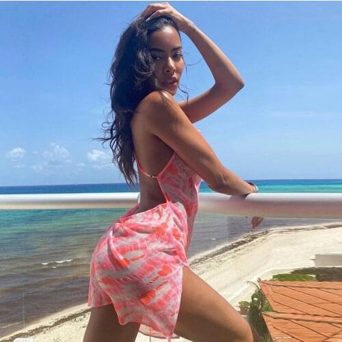 2021 new womens print perspective open back beach cover up with suspender skirt dress