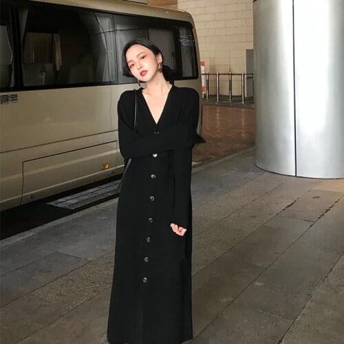 Autumn Knit Maxi Dress Long Sleeve Sweater Dresses Women Dress V Neck Long Dresses