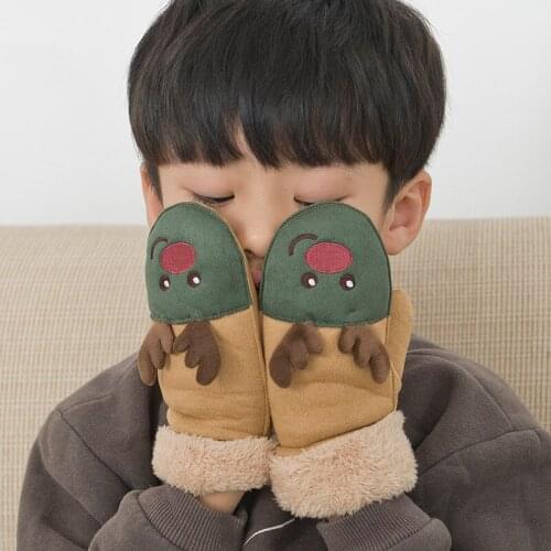 Children Gloves Winter Suede Small Boys Girls Gloves Cute Christmas Deer Cartoon Knitting Warm Kids Gloves For 7 To 14 Years Old