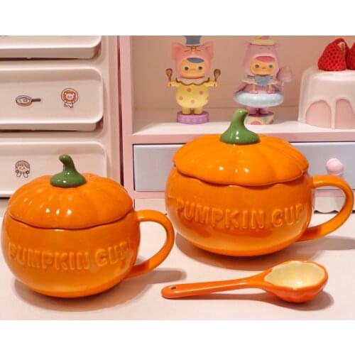 Lovely Wind Pumpkin Cup Halloween Breakfast with Cover Ceramic Milk Cup Mug Cereal Bowl