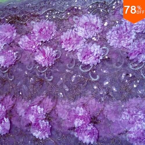 Luxury Free ship 3D flowers Light Purple Pink voile fabric of wedding Dress Beads clothing sewing African lace fabrics 5 yards