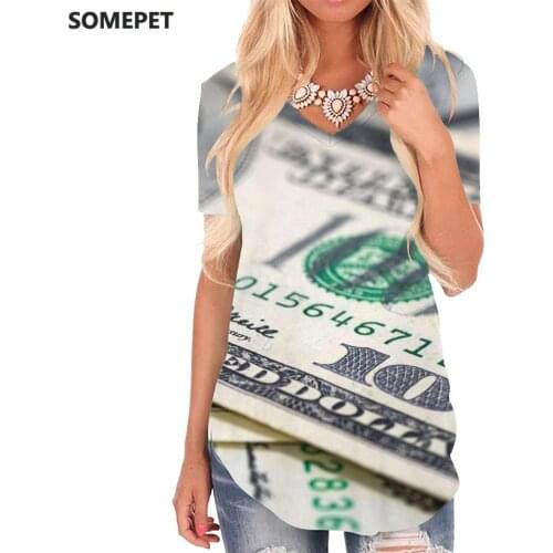 SOMEPET Dollar T Shirt Women Money V-neck Tshirt Harajuku Funny T shirts Womens Clothing Hip hop Loose Style High Quality
