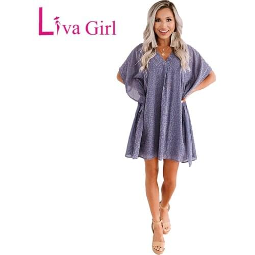 Liva Girl Blue/White Loose Fit V Neck Leopard Print Shift Mini Dress Woman 2021 Half Batwing Sleeves Short Dresses Vestidos XL