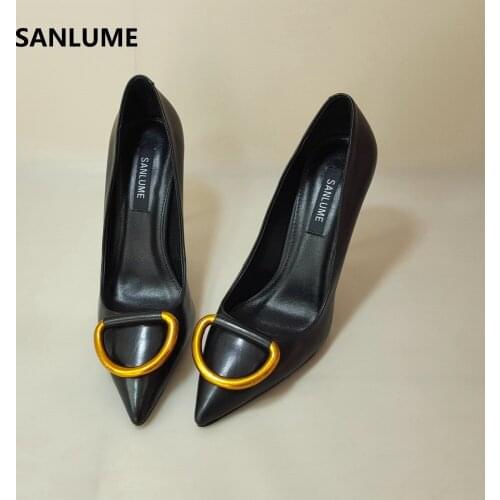 SANLUME 2018 Spring Women Genuine leather High heels Basic Model Pumps Lady Pointed Toe Metal Wedding shoes inside sheepskin 40