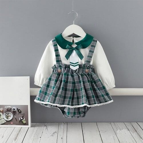 Spring Infant Baby Girls Clothes Sets 2Pcs Long Sleeve Peter Pan Collar Tops+Plaid Strap Dress Newborn Clothing 0-24 Months