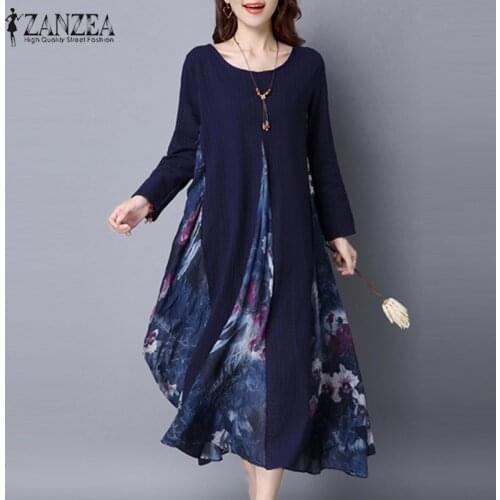 2021 ZANZEA Spring Womens Floral Print Chiffon Splice Elegant Cotton Linen Long Sleeve Kaftan Party Long Dress Tunic M