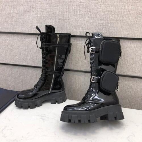 2020 New Fashion Genuine Leather Metal Buckle Pocket Motorcycle Boots Women Round Toe Lace-up Chunky Platform Waterproof Shoes