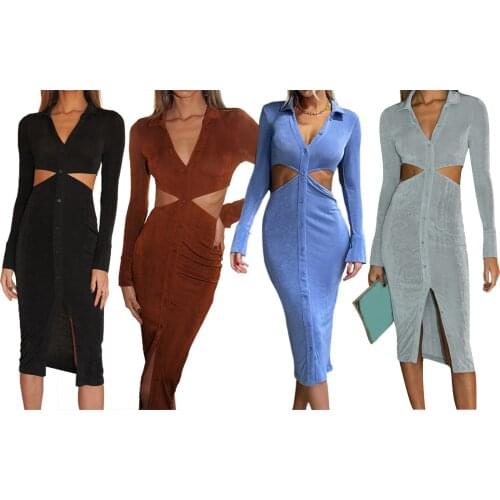 Women Close-fitting Hollow Out Dress Solid Color Turn-down Collar Long Sleeve S/ M/ L/ XL