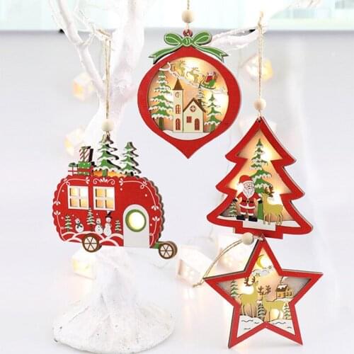 1pc LED Christmas Decorations for Tree Home Ornaments Wooden Red Hanging Pendants Star Xmas Party Decor New Year Kids Gift