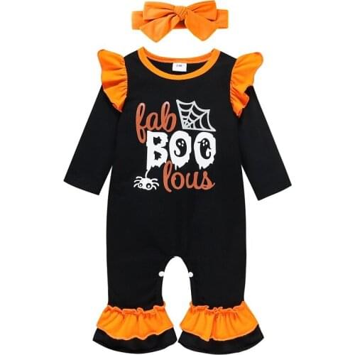 0-24M Cute Newborn Baby Girl Long Sleeve Letter Print Flared Romper Jumpsuit Headband 2PCS Halloween Clothes