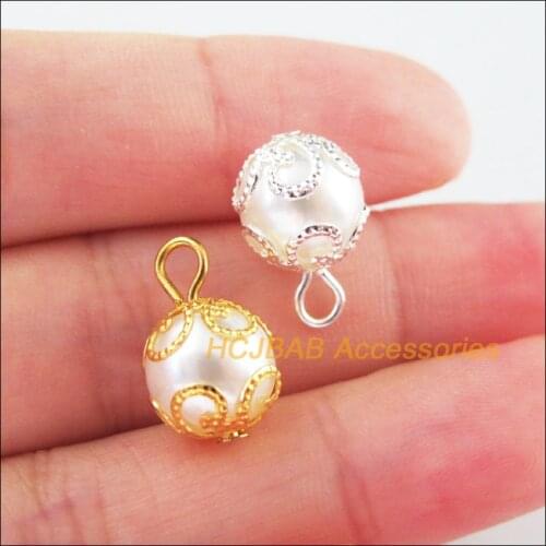 30Pcs Gold Silver Plated Flower Round Acrylic White Beads Charms Pendants 10mm