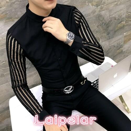Korean Shirt Men Fashion Spring Hollow Lace Long Sleeve Tuxedo Shirts Dress Slim Fit Night Club Casual Social Men Shirt 3XL