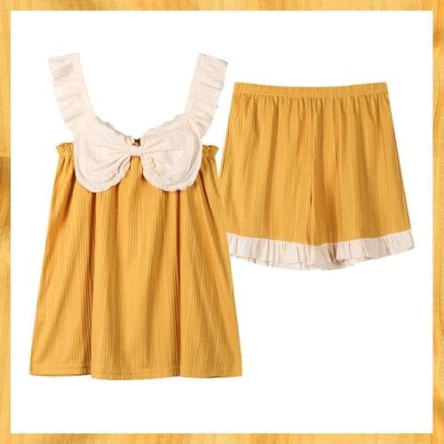 Aging small flying sleeve bow princess style womens suit cotton suspender shorts cotton sweet home clothes Sleep wear Pink