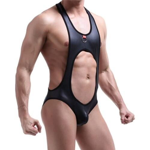 Sexy Men Undershirt Faux Leather PU Mens Close-fitting Vest Fitness Elastic Casual O-neck Open Butt Breathable Undershirts