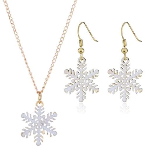 Cute Enamel Christmas White Snowflake Charm Jewelry Set for Women Girls Xmas Gold Color Pendant Festival Necklaces Earrings Set