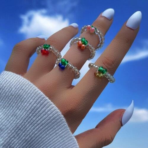 Sweet Beads Fruits Cherry Rings for Women Girl Fashion Simple Adjustable Rings Set Party Jewelry Gifts