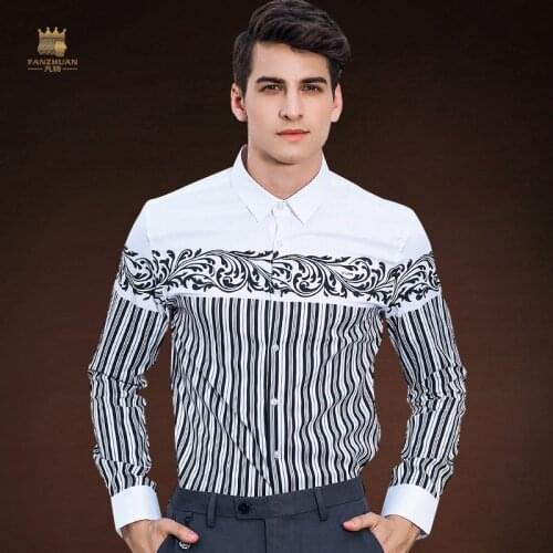 FANZHUAN MenS male Shirt Autumn New Long-Sleeved Stretch Slim Printed Striped printed Shirt Male European American 822028