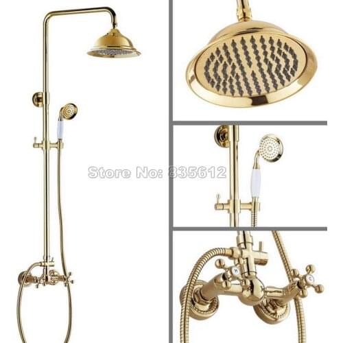 Wall Mounted Gold Color Brass Rain Shower Faucet Set with Bathroom Handheld Shower Mixer Tap + 8.2 inch Shower Head Wgf333