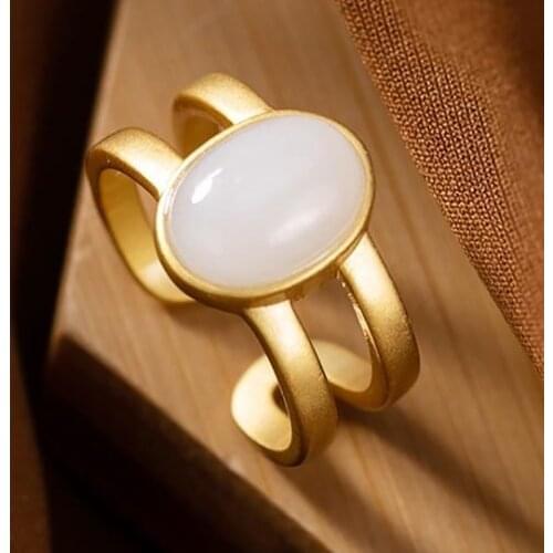 New Silver Inlaid Natural Hetian Jade Hollow Double Luxurious Golden Aristocratic Cold Wind Women Open Adjustable Ring
