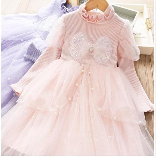 Autumn winter new fund girl is melting bowknot net gauze dress with sequins