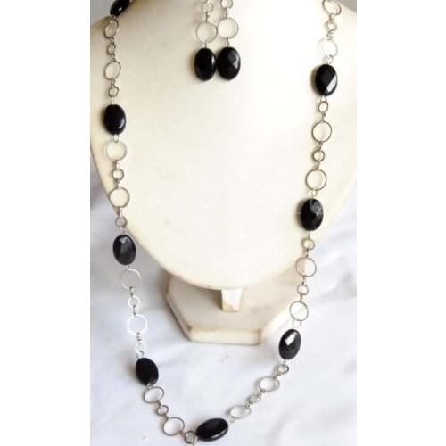 Oval Black Onyx Cut Faced Necklace Earrings Set Long 30" Link Chain