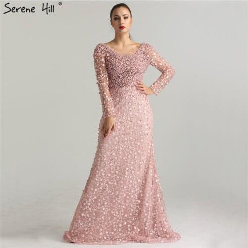Luxury Pink Pearls Lace Evening Dresses 2021 Mermaid Embroidery Long Sleeves Formal Evening Gowns Serene Hill LA6408