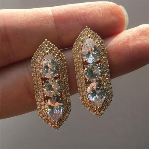 Luxury Female Crystal White Zircon Stone Earrings Gold Color Stud Earrings Vintage Wedding Earrings For Women