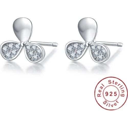 925 Silver Real Rhodium Plated Clear 3 Petal Flower CZ Anti Allergy Piercing Stud Earrings Jewelry for Children Girls Baby Kids