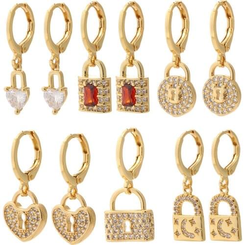 Lock Earrings for Women Gold Key Dangle Earrins Bling Micro Pave Zircon CZ Cute Earring Trendy Punk Party New Fashion 2021
