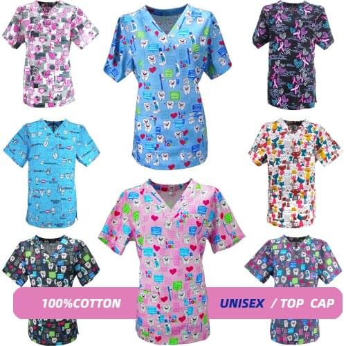 Scrubs tops caps for women men doctors nurse workwear accessories Short Sleeved Beautician Dentist Clinic uniforms scrub top cap