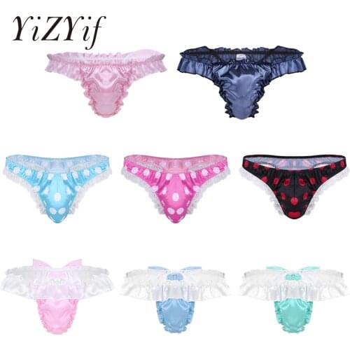 YiZYiF Sexy Men Gay Underwear Sissy Panties Shiny jockstrap Soft Satin Lingerie Ruffled Frilly Cut Bowknot G-string Thong Men