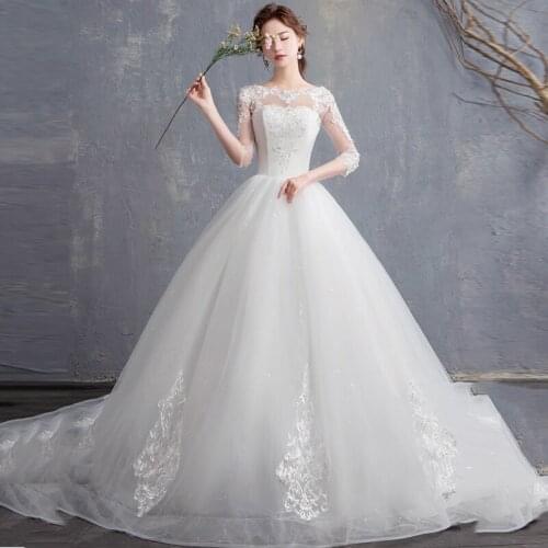Wedding Dresses Illusion O-Neck Half Tulle Lace Up Embroidery Pearls Train Luxury Vintage White Elegant Women Bridal Gown G546