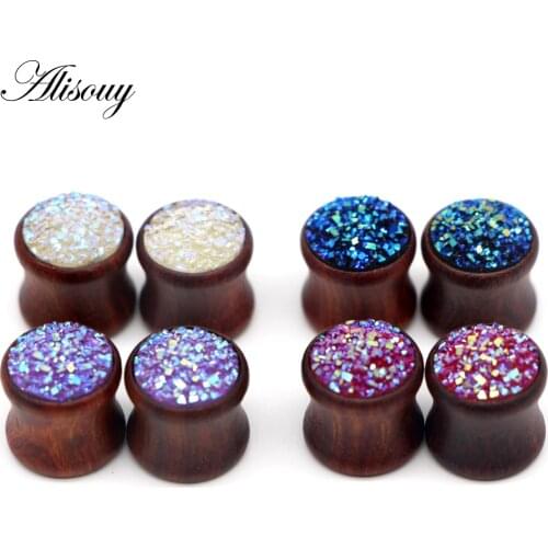 Alisouy 2pcs Wood plug & tunnel jewelry ear plugs piercing rosewood body jewelry sex piercing with Rhinestone ear gauges 10-20mm