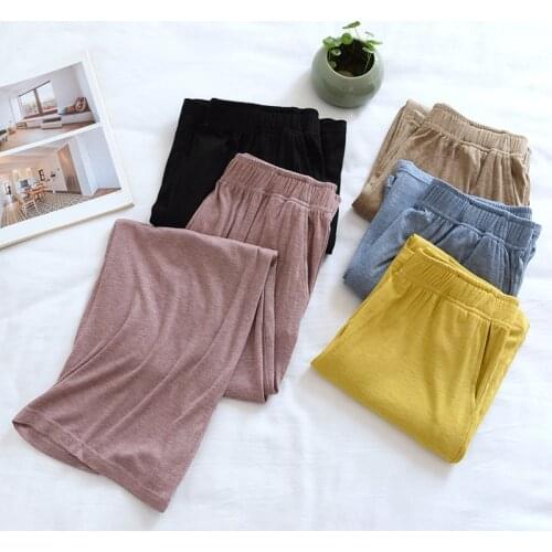 Women Summer Sleep Bottoms Plus Size Loose Lounge Pants Solid Rayon Calf-Length Pants Elastic Waist Home Leisure Pijamas