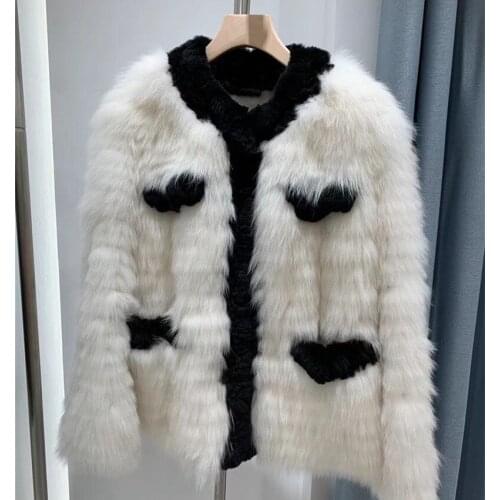 Autumn new women real fox fur jacket ladies long sleeve o neck knitted fur coat black white