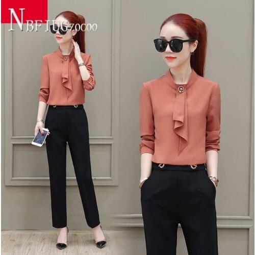 2020 Autumn New Fashion Chiffon Long Sleeve Blouse And Solid Color Pants Women Sets